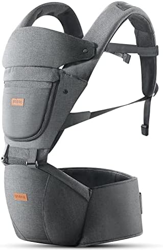 Hip Seat Baby Carrier, Advanced Adjustable Waistband &Various Pockets, 6-in-1 Ways to Carry,Ergonomic No-Slipped Seat,Perfect Carrier for Newborns to Toddlers up to 66lbs, All-Seasons（Grey）