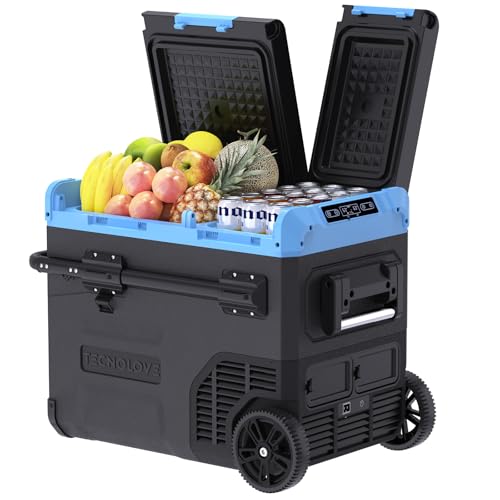 Image of Tecnolove 45L Dual Zone Car Refrigerator Freezer, -4℉~68℉, 48Qt Compressor Cooler with Reversible Door, Metal Handle, Dual Battery Slot, 100–240V AC / 12V / 24V DC Powered, LED Light – Ice Blue