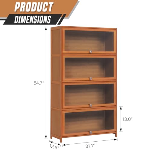 SFIHOME 55\" H Bamboo Bookcase with Acrylic Doors, 4 Tier Free Standing Tall Book Shelf Storage Cabinet, Corner Bookshelf Display Organizer Save Space for Living Room Office Home, Brown - Thumbnail 2