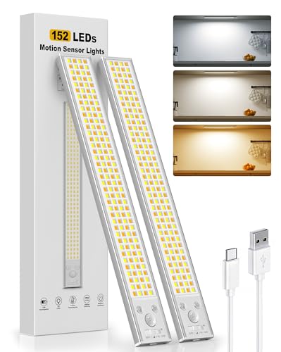12inch Under Cabinet Lighting, 152LED Motion Sensor Light Indoor, USB Rechargeable Closet Lights, 3 Color Temps, Dimmable, Wireless Under Counter Lights for Kitchen, Stairs, Pantry, 2 Pack