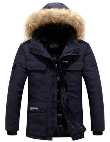 Image of Men's Hooded Puffer Jacket Winter Warm Quilted Parka Windbreaker Multi-Pockets Padded Coat with Faux Fur Removable Hood(Navy-M)