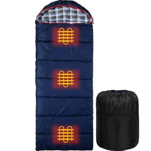 REDCAMP Cotton Flannel Heated Sleeping Bag for Adults, Large Cotton Sleeping Bags for Camping with Hood, Blue Plaid with 4lbs Filling