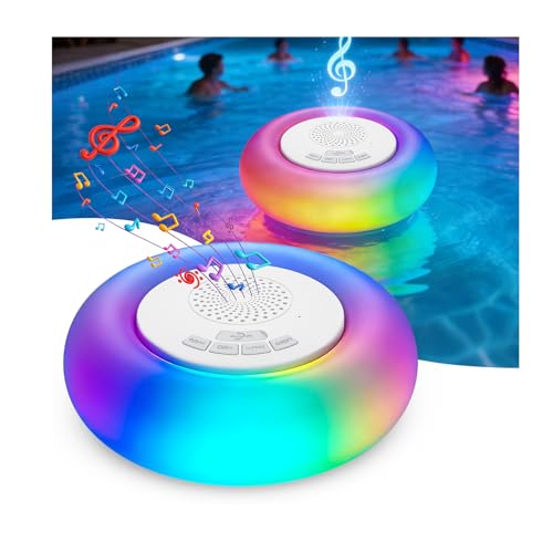 JEMULICE 2 Pack Floating Pool Lights with Bluetooth Speaker, 2-in-1 RGB Pool Lights, IP68 Waterproof, 360° Hi-Fi Sound for Pool, Hot Tub and Outdoor Parties