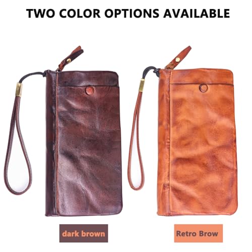 Cowhide men's handmade wallet retro multifunctional long wallet zipper coin key multi card slot card bag (Tea-brown)4