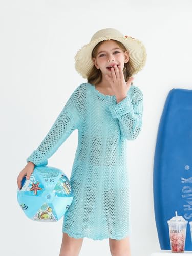 Haloumoning Girls Crochet Swim Cover up Kids Beach Summer Long Sleeve Hollow Out Coverup 5-14 Years4