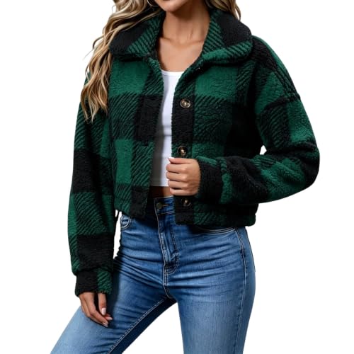 FPMLUXLL Womens Winter Coat Cropped Plaid Lapel Collar Fuzzy Sherpa Jacket - image 1