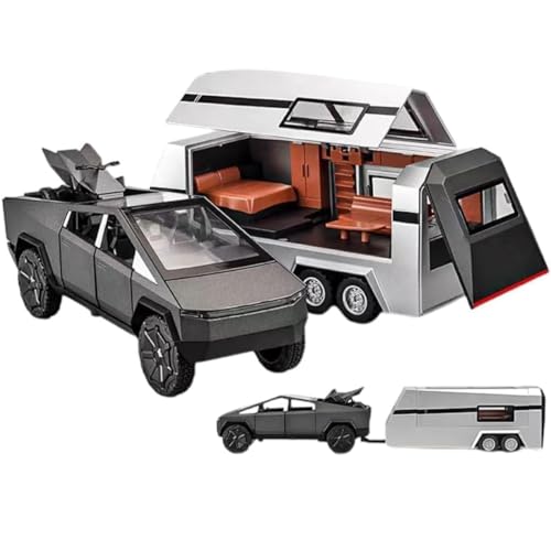Image of 1:32 Scale Die-Cast Tesla CyberTruck with Pick-Up Trailer with 6 Openable Doors Pull Back Action,Lights & Music Best Vehicle Gift for Kids【Pack of 1】【Random Color】