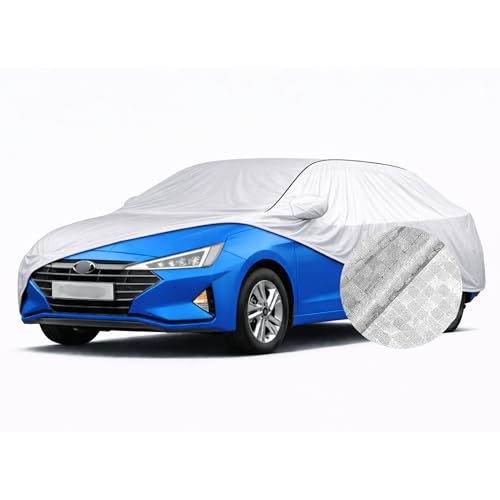 Image of SEAZEN Waterproof Car Cover for Hyundai Elantra | Dustproof, UV & Scratch Resistant Soft Cotton Lining | Triple Stitched, Mirror Pockets & Elastic Hem | Metallic Silver with Black Piping