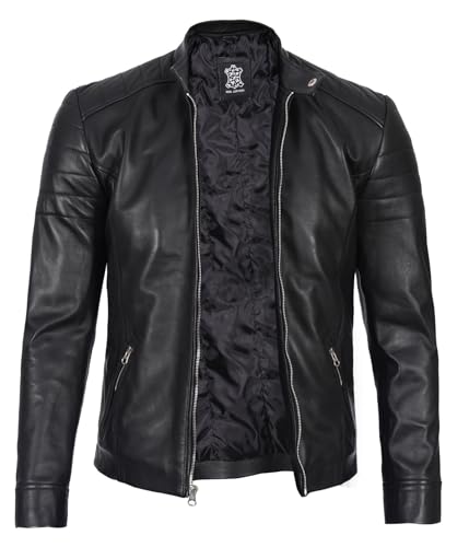 Image of Blingsoul Stylish Black & Brown Cafe Racer Leather Jacket For Men - Real Lambskin Leather Motorcycle Jacket Mens