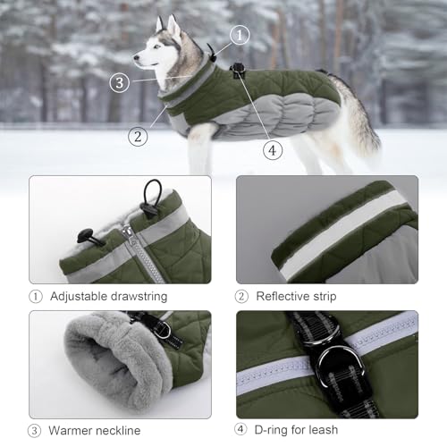 Image of Lelepet Dog Coat Warm Dog Winter Coat Waterproof Dogs Jacket with Harness | Reflective Pet Fleece Vest Zip-Up Cold Weather Coats for Dogs Turtleneck & Windproof Coats Chihuahua Army Green XS