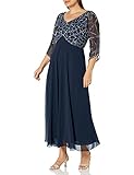 J Kara Women's Plus Size 3/4 Sleeve Geo Beaded Gown, Navy/Gun/Silver, 24W