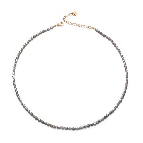 Small Freshwater Rice Pearl Strand 15" Gold Cultured Pearl Necklace for Women Wedding Pearl Choker Handmade Jewelry Black Grey Baroque Pearl 2-4mm