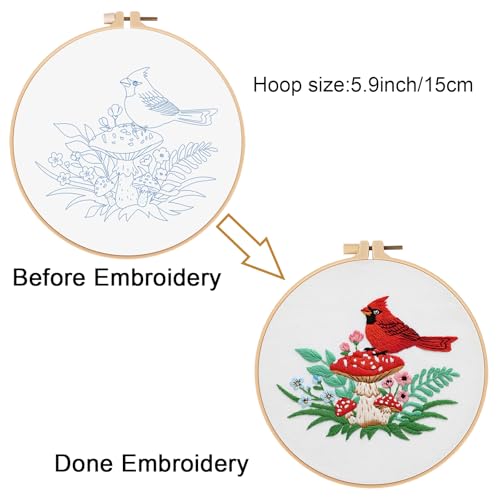 Image of Louise Maelys Cardinal Mushroom Embroidery Kit for Beginners DIY Craft | DIY Needlepoint Kit with Pre-Printed Fabric, Hoop, Threads, Needles and Guide. Cross Stitch Kit for Adults with Nature Design