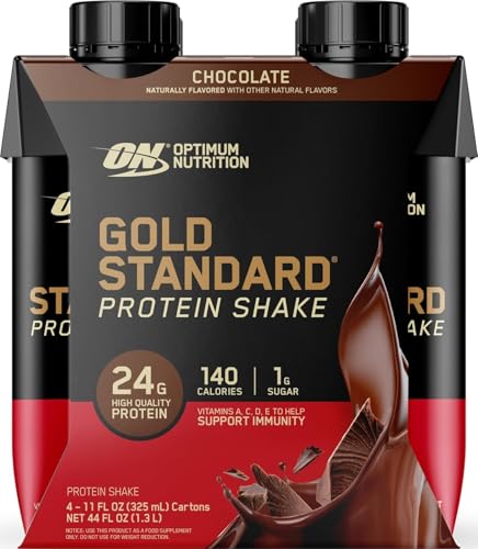 Image of Optimum Nutrition Gold Standard Protein Shake, 24g Protein, Ready to Drink Protein Shake, Gluten Free, Vitamin C for Immune Support, Chocolate, 11 Fl Oz, Pack of 4 (Packaging May Vary) | On-The-Go Ready to Drink Protein Shake, Gluten Free, Added Vitamins & Minerals for Immune Support, Delicious Flavor & Texture