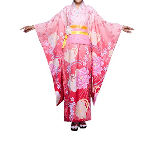 YueLian Women Kimono Robe Traditional Japanese Yukata Kimonos Dress (Pink)