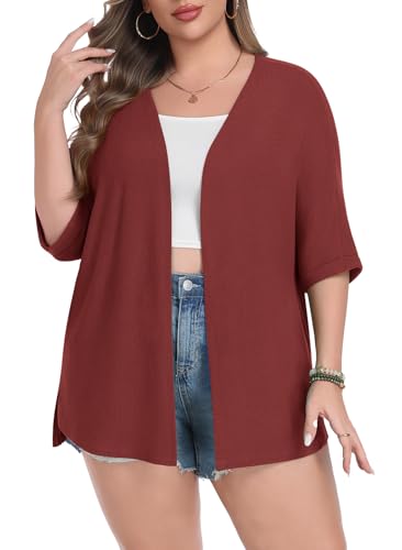 Image of Lastshe Womens Plus Size Cardigan Short Sleeve Lightweight Loose Cover Ups Open Front Sweaters Summer Cardigan