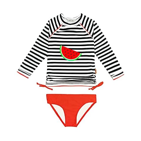 weVSwe Kleinkind Mädchen Rash Guard UPF 50+ Schutz Zweiteiler Badeanzug Set Langarm Streifen Rote Wassermelone 5/6 Jahre Cover