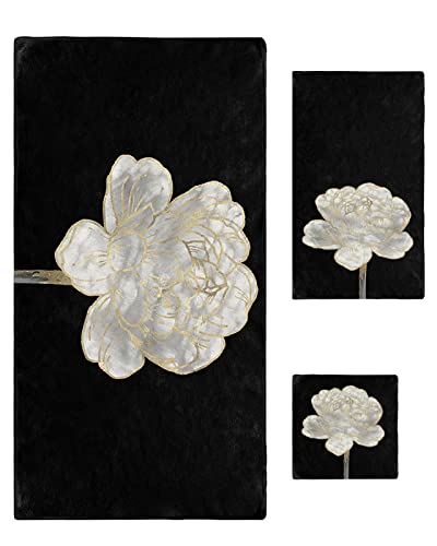 Abstract White Floral Towel Sets For Bathroom,Microfiber Bath Kitchen Beach Hair Hand Yoga Dish Towels And Washcloths,Spring Botanical Flower Gold Line Black Quick Dry Towels+Set Accessories Decor #TOP24