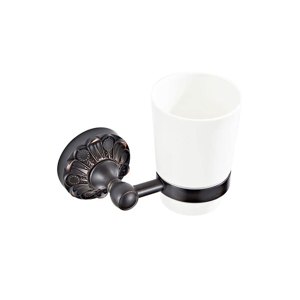 Bathroom Toothbrush Holder, Wall Mounted Ceramic Cup with Toothpaste Shaver Organizer Washroom Storage, Black Bronzed, Copper Material, Screw Installatio