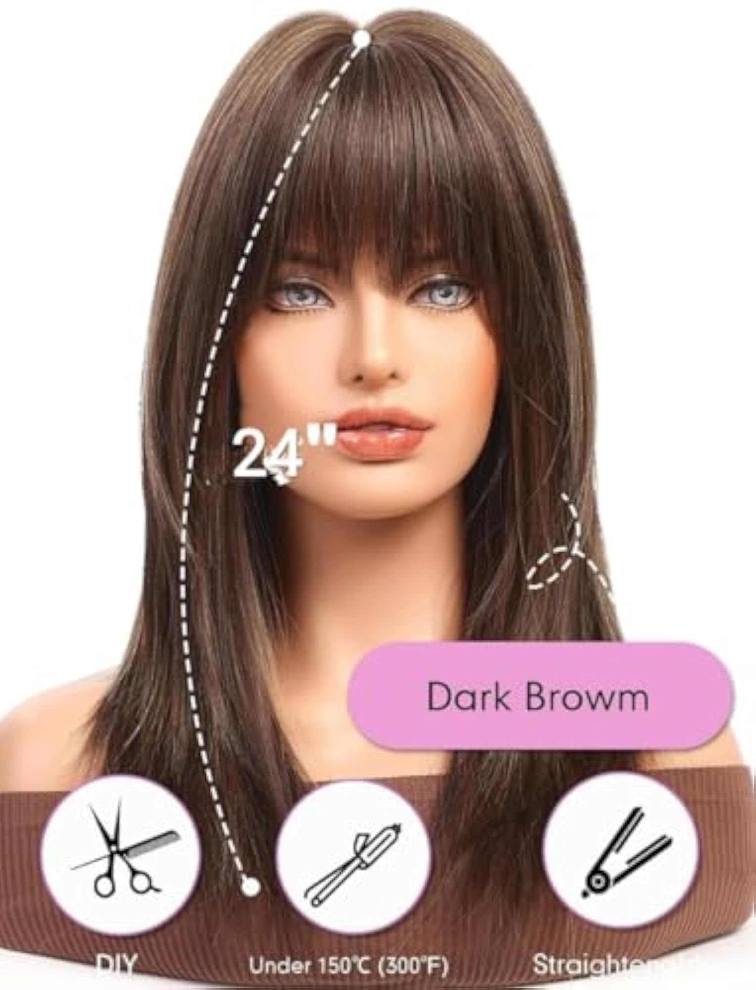 Brown Shoulder Length Wig with Bangs for Women, 22 Inch