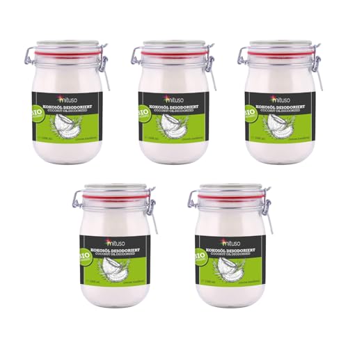 mituso Bio Kokosöl desodoriert 5 Liter | Geschmacksneutral - Ideal zum Braten, Backen, Frittieren | vegan, ohne Zusätze - Vielseitig für Haut & Haar | im Drahtbügelglas