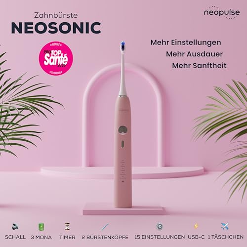 Neosonic® – Elektrische Schallzahnbürste, Laufzeit 3 Monate – 15 Modi – wiederaufladbar USB-C – Timer 2 Minuten – 2 Köpfe enthalten – 2 Jahre Garantie – Schallbürste, Rosa NEOPULSE – Bild 3