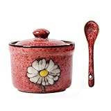 Ceramics Retro Flower Sugar Bowl with Lid and Spoon 5.5 Ounces Red