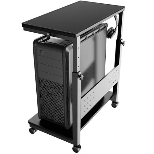 PUTORSEN Support Tour PC Réglable Hauteur à 2 Niveaux, avec Roulettes et Tapis de Souris, Support PC sous Bureau pour Boîtier ATX jusqu'à 40kg/Niveau, Support pour...