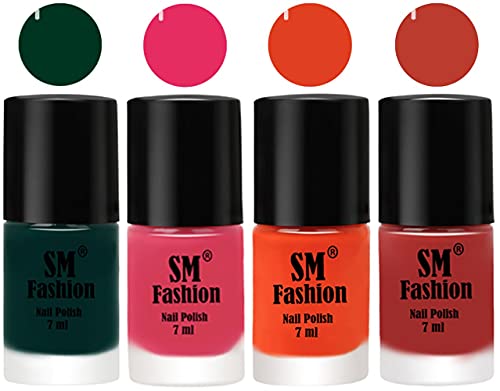 Image of Nail Polish Combo Set (Pack of 4) Quick Dry Gel Finish Nail Paint | Dark Green,Dark Rose Pink,Reddish Orange ,Dark Peach | 7 ml Each