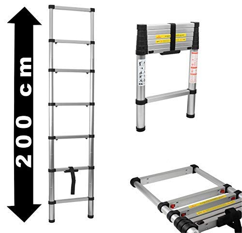Preisvergleich Produktbild TQ Domino Aluminium Teleskopleiter 2m klappbar Soft-Close Multifunktionsleiter Aluleiter 200cm Klappleiter 150 kg belastbar Sprossenleiter Mehrzweckleiter Haushaltsleiter ausziehbar
