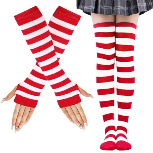 LUKIUP KniestrüMpfe Weiß-rote Anzug, Hohe Elastizität Gestreifte Warme Fingerlose Handschuhe Kniehohe Socken Set, Mädchen Damen Extra Lange Socken für Halloween Cosplay Gestreifte Lange Socken