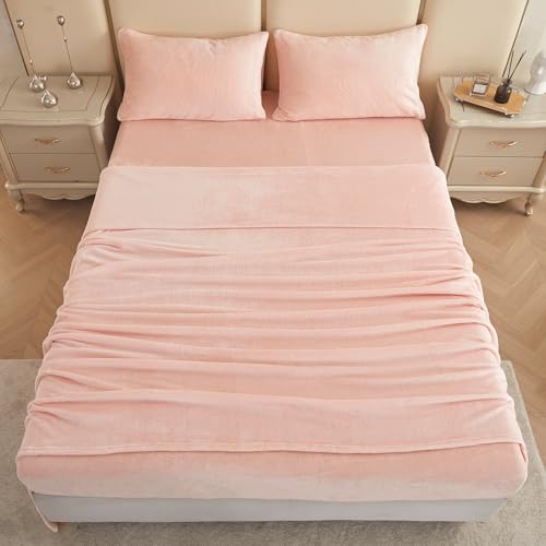 Image of Viviland Plush Micro Fleece Queen Bed Sheet Set - Soft Fuzzy Polar Fleece Velour Velvet Sheets - Extra Warm Winter Fleece Bed Sheets with Deep Pocket - Pink - Queen | Soft Flannel-like Fleece, 100% Polyester, Fluffy Velvety Feel, 200GSM, 15 inch Deep Pocket, Warm Winter Gift & Decor