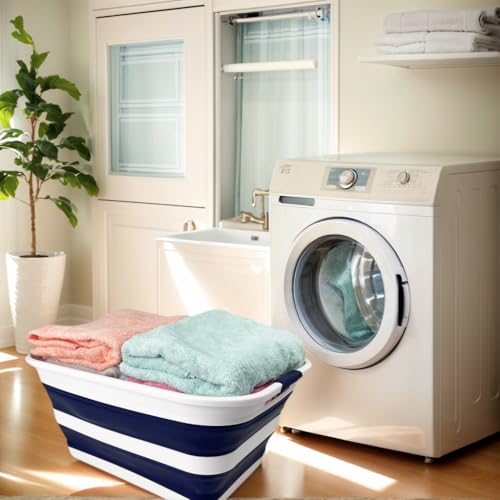 Image of SAMMART Collapsible Plastic Laundry Basket with Handle /Foldable Pop Up Storage Hamper /Portable Laundry Organizer-Space Saving Washing Tub /Household Storage (White /Starry Blue, 42L)