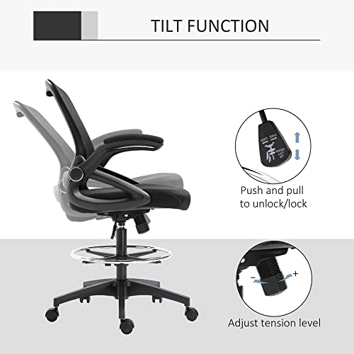 Image of Vinsetto Mesh Drafting Chair, Tall Office Chair with Lumbar Support, Flip-Up Armrests, Footrest Ring and Adjustable Seat Height, Black