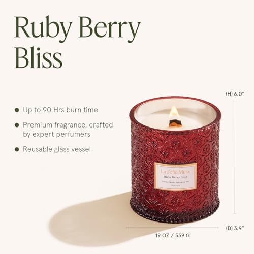 LA JOLIE MUSE Ruby Berry Bliss Scented Candle | Mandarin, Cranberry & Plum | 19 oz Natural Soy Candle | Wooden Wick | 90-Hour Clean Burn | Valentines Gifts for Her | Cozy Home Decor - Thumbnail 4