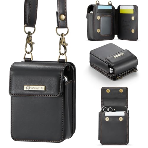 AJDJTEN Funda Cartera para Samsung Galaxy Z Flip 7/6/5/4/3, Motorola RAZR 2019 2025, Carcasa Bolso de Cuero Mini Cruzado con Correa Ajustable, Ranuras para Tarjetas, RFID, Phone Case para Mujer Negro