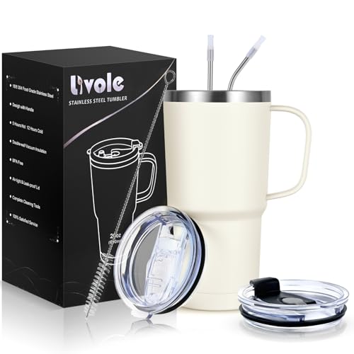 Livole Taza de viaje de 20 onzas con asa, vaso aislado de 600 ml con popote y 2 tapas, botella de agua al vacío de doble pared, tazas de café térmicas de viaje de acero inoxidable para bebidas frías,