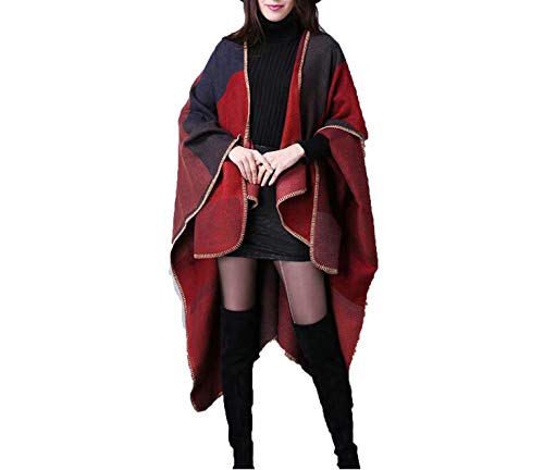 Cloak Women Oversized Poncho Cashmere Imitation Checker Capes Comfy Knit Cloaks,Black,One Size