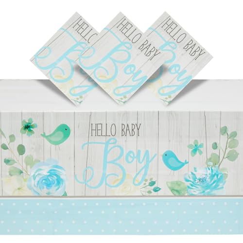 Sparkle and Bash 3-Pack Baby Boy Shower Table Cover - 54 x 108 in, 0.03mm Plastic, Multicolor - Baby Shower Tablecloth for Boy - Rustic Bird & Greenery Design