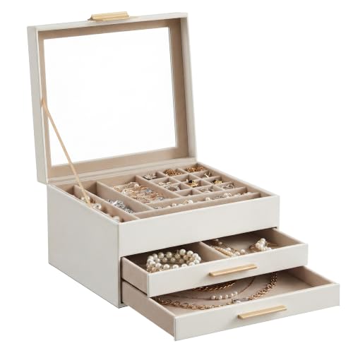 SONGMICS GISELLA Kollektion - Schmuckkästchen 3 Ebenen, Schmuckbox mit Glasdeckel, 2 Schubladen, Schmuckaufbewahrung, Geschenkidee, 20,3 x 23,1 x 13,5 cm, wolkenweiß-golden JBC239WTV1