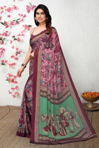 Image of MIRCHI FASHION Women Saree Ethnic Motif Print Chiffon | Breathable Lightweight Plain Weave Sari for Office and Daily Use (Available in 20 Designs)
