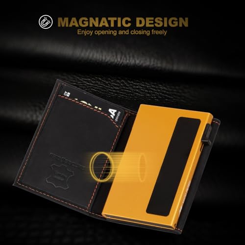 Marc Peter AirTag Wallet - Full Grain Leather, Mens Minimalist Wallet with Apple Air Tag Holder, Slim Smart Pop up Card Case, ID Window, RFID Blocking Wallet for Men and Woman Black/Orange4