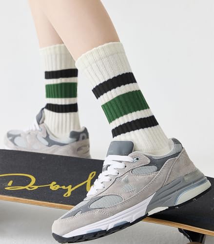 Image of 3 Pairs Women Striped Tube Socks Fun Novelty Cute Crew Socks Retro Sport Mid-Calf Socks for Women Grils