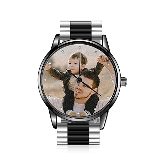 Jeweidea Personalized Photo Watch for Men Custom Engraved Name Picture Watch Stainless Steel Wrist Watch Unique Gift for Dad, Husband (Silver + Black)