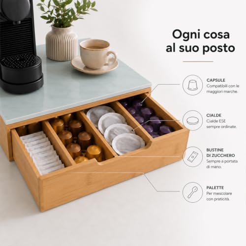 BAKAJI Kapselhalter mit Schublade für Kapseln Nescpresso Dolcegusto Modomio Caffe Lavazza Teebeutel Zucker aus Bambusholz (31… – Ansicht 4