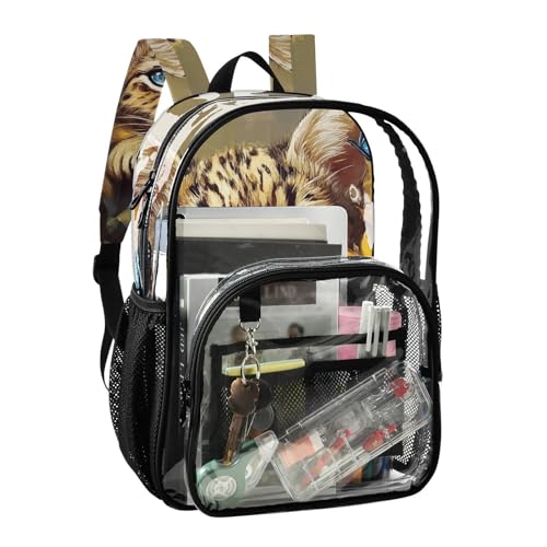 Leopard Cat Sunflower Cute Clear Backpack, PVC Transparent Bag with Large Capacity for Boys, Girls, Men, Women, See Through Bookbag for School Work College Travel2