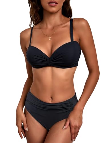 JFAN Conjunto de Bikini Mujer Cintura Alta Ruched Traje de Baño Tirantes Desmontable Push Up Bañador Dos Piezas Negro XL