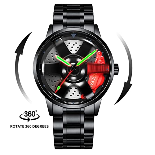 Car Wheel Watch, Stainless Steel Mens Wristwatch with Spinning Car Rim Hub Design, Japanese Quartz Movement, Water Resistant, Scratch Resistant Gifts for Car Enthusiasts