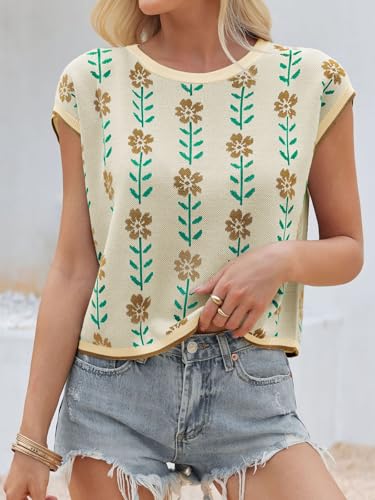 Image of Saodimallsu Womens Cap Sleeve Crop Tops Summer Color Block Going Out Crew Neck Knit Trendy Casual Sweater