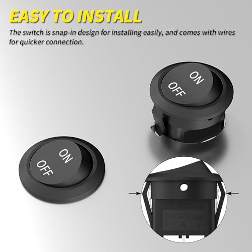 Joinfworld 10Pcs Round Rocker Switch 12V ON Off Switch 12 Volt DC Circle Toggle Switch 2 Pin SPST 6A/250V 10A/125V AC 20MM Small Rocker Switch with Wires for Auto Car Marine Boat - UL Listed